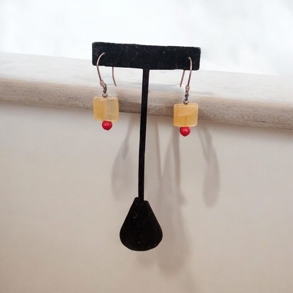 Vintage Natural Stone Drop Earrings Yellow Red - Picture 2 of 3